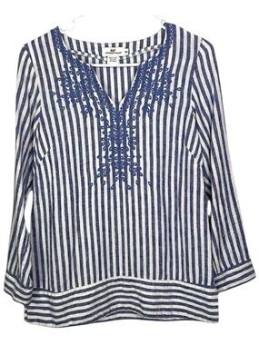 Vineyard Vines Blue White Striped Linen Embroidered Tunic Blouse XXS